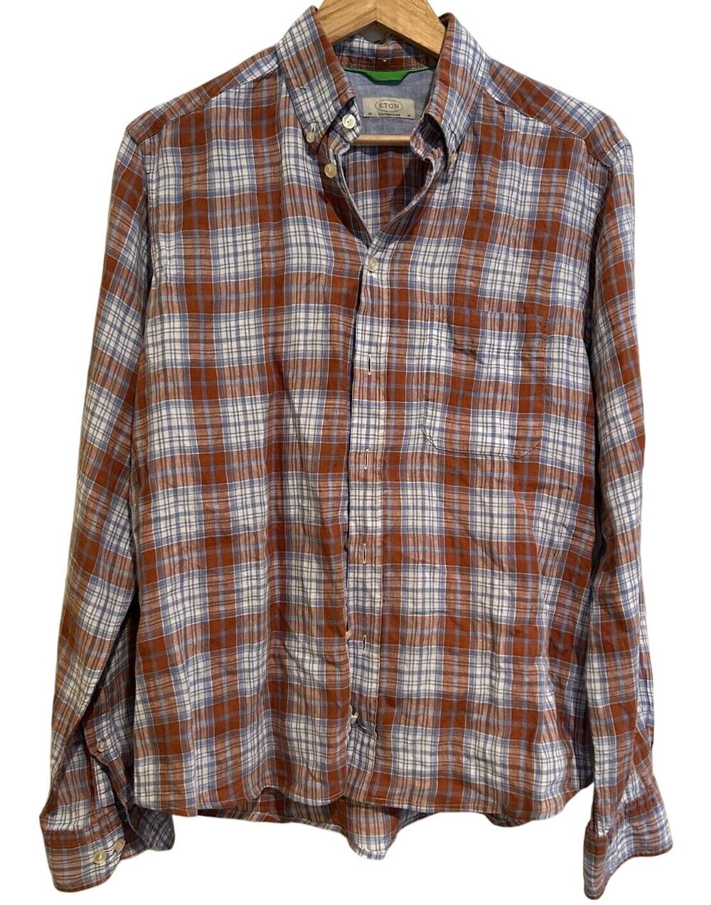 ETON Men's 100% Linen Plaid Shirt MEDIUM Blue Brown Button Down Long Sleeve